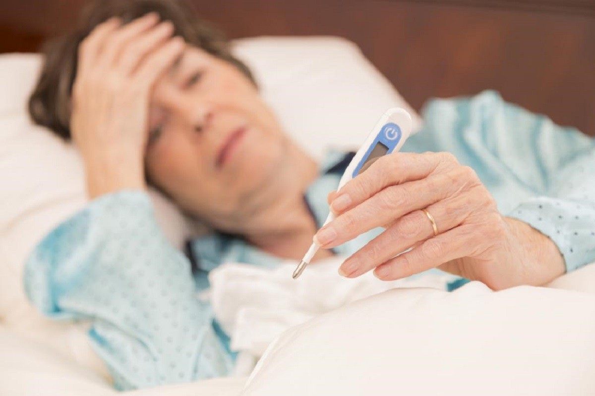 γυναίκα στο κρεβάτι κοιτάει το θερμόμετρο για να δει εαν της έχει έρθει πυρετός